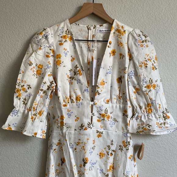 Reformation Maribel Linen Midi Floral Dress Puff Short Sleeves V Neck Tansy 4 - Picture 7 of 14